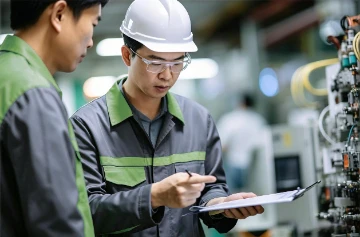 Ing&eacute;nieur inspectant les machines termin&eacute;es